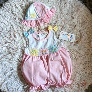 NWT Vintage B.T. Kids Embroidered Sleeveless Romper and Sun Hat 3-6m